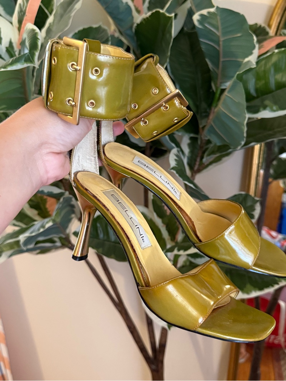 Vintage Y2K Bellini yellow green buckle strap heels